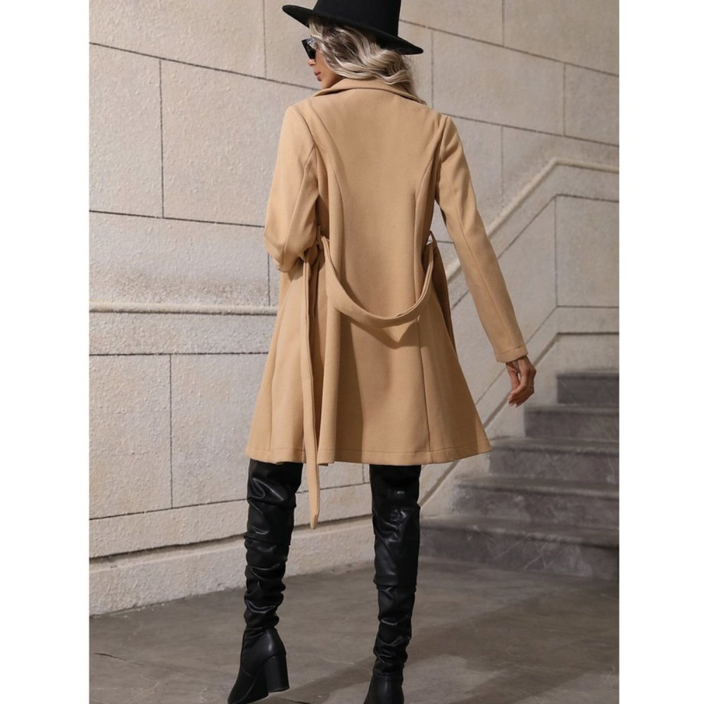Tan Preppy Womens Lapel Neck Double Breasted Belted Overcoat - Picture 7 of 8